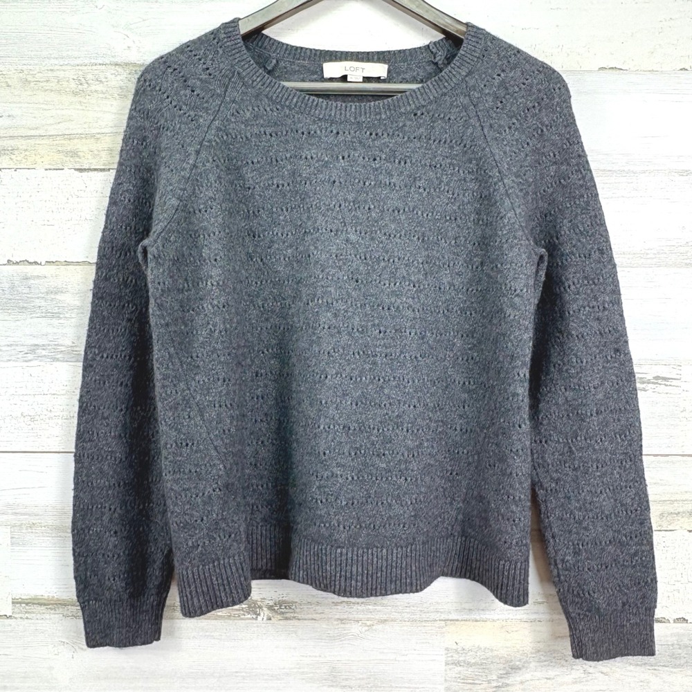 LOFT Womens Charcoal Gray Pointelle Pullover Sweater Textured Knit Wool Blend M